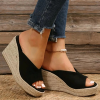 Sandale Compensée Femme Ouverte et Design portée par une femme avec un bracelet à la cheville et un jean bleu déchiré