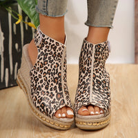 Sandale Leopard avec Talon Compensé et Fermeture à Scratch