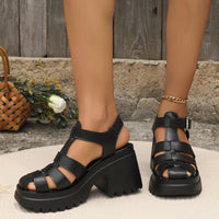 Sandale Spartiate Femme à Talon Épais Noir