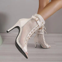 Sandale Talon Femme 7 - 10 cm Beige avec Lacets Croisés