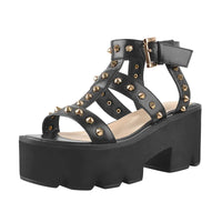 Sandale Talon Plateforme avec Design Clouté, de couleur noire, sur un fond blanc.
