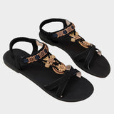 Sandale Plate Femme Noire Bohème Avec Détails Dorés Élégants
