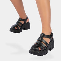Sandale Spartiate Femme à Talon Épais Noir