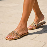 Sandale Femme Cloutée Beige et Plate