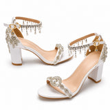 Sandale Femme Mariage avec Strass et Perles Suspendues