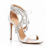 Sandale Femme Mariage avec Talons Hauts Fins et Faux Diamants