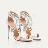 Sandale Femme Mariage avec Talons Hauts Fins et Faux Diamants