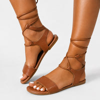 Sandales spartiates femme marron à lanières croisées et lacets montants à la cheville