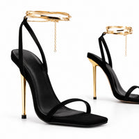 Sandale Gladiator Noire à Talon Haut Doré