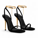Sandale Gladiator Noire à Talon Haut Doré