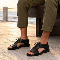 Sandale Homme Noire en Cuir à Lacets