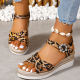Sandale Leopard à Talon Compensé avec Fermeture à Boucle