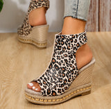 Sandale Leopard avec Talon Compensé et Fermeture à Scratch