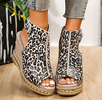 Sandale Leopard avec Talon Compensé et Fermeture à Scratch