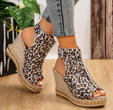 Sandale Leopard avec Talon Compensé et Fermeture à Scratch