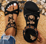 Sandale Plate Femme Noire Bohème Avec Détails Dorés Élégants