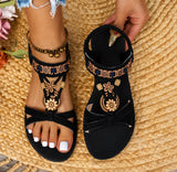 Sandale Plate Femme Noire Bohème Avec Détails Dorés Élégants