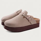 Sandales sabots femme effet daim beige avec double bride et semelle épaisse marron