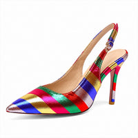 Escarpin slingback multicolore à talon haut, avec motif rayé brillant et bride arrière.