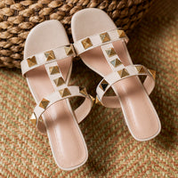 Sandale Talon Femme 7 - 10 cm Blanche avec Rivets Cloutés