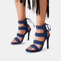 Sandale Bleu Marine à Talon Haut avec Lanières Tressées, sandales à talons bleues