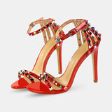 Sandale Cloutée Style Escarpin avec Lanière de Cheville, sandales à talons rouge
