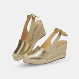 Sandale Compensée Femme en Simili Cuir avec un Nœud, sandales compensées dorées