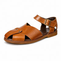 Sandale Cuir Marron Clair Homme Luxe en cuir véritable, avec bride croisée à l'avant, bride réglable à boucle, bout ouvert et design élégant.