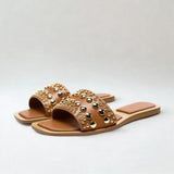 Sandale Femme Cloutée Marron et Plate