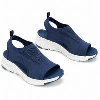Sandale Femme Confortable en Tissu Élastique bleu marine avec maille extensible respirante, bout ouvert, maintien souple du pied et semelle épaisse légère pour un confort quotidien.