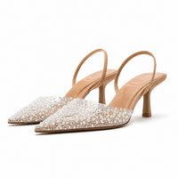 Sandale Femme Mariage Ouverte avec des Perles avec bout pointu orné de perles et strass, bride arrière fine, talon élégant et design raffiné pour les mariages, cérémonies et occasions spéciales.