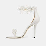 Sandale Femme Mariage avec Lanières en Forme de Cristaux, sandales blanches chics