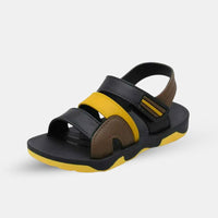Sandale Garçon d'Été en Cuir avec Scratch de couleur noire avec des jaunes et marrons, mini sandale enfant