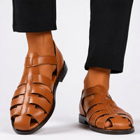 Sandale Homme Cuir Luxe en cuir, style gladiateur à lanières tressées, bride réglable à la cheville, bout ouvert et design élégant