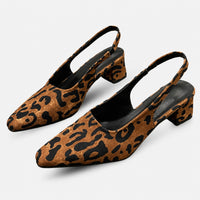 Sandale Leopard Pointue à Talon Épais, imprimé léopard marron et noir, bout pointu, bride arrière ouverte, talons épais et design élégant