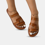 Sandale Plate Femme avec Lanières Épaisses et Design, sandales marron à enfiler pour femme