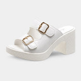 Sandale Sabot Femme Ouverte avec Talon blanche, avec doubles brides réglables à boucles dorées, talon bloc épais, plateforme confortable et finition effet crocodile