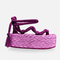 Sandale Spartiate Femme Violette avec Plateforme Haute, brides en corde tressée, lacets à nouer autour de la cheville, semelle plateforme épaisse tressée et design estival