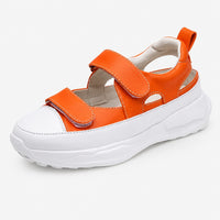Sandale Sport Femme Légère avec Semelle Épaisse orange et blanche, avec doubles brides réglables à scratch, semelle plateforme épaisse amortissante et design moderne pour un confort optimal