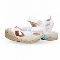 Sandale Sport Femme à Scratch et Résistante à l'Eau blanche et beige, avec brides réglables à scratch, bout renforcé, semelle antidérapante et design de randonnée confortable