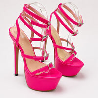 Sandale Talon Haut Femme Moderne avec Lanières rose fuchsia avec multiples brides fines réglables à boucles, plateforme épaisse, bout ouvert et talon aiguille haut pour un style glamour et tendance.