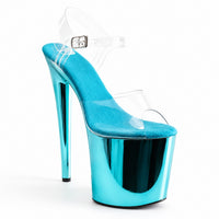 Sandale Talon Haut Femme avec Lanières Transparentes avec plateforme bleu turquoise métallisée, brides transparentes, fermeture réglable à la cheville et talon aiguille très haut pour un style glamour et moderne.