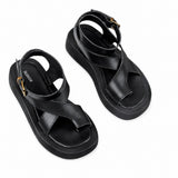 Sandale Talon Plateforme Élégante en Cuir Noir avec brides croisées, bride réglable à la cheville, semelle plateforme épaisse et design moderne pour un style chic et confortable.