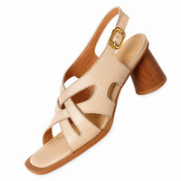 Sandale à Talon Rond en Cuir Véritable avec brides croisées, bride arrière réglable à boucle, bout ouvert et talon rond effet bois pour un style élégant et confortable.