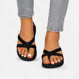 Sandale Tong Femme Compensée et Design noire, avec brides croisées, semelle compensée légère et confortable.