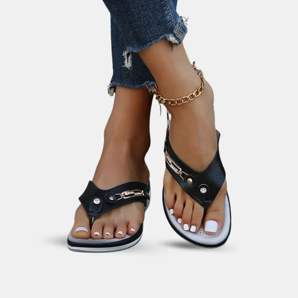 Sandale Tong Femme avec Lanière Épaisse et Strass Noire
