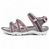 Sandale de Randonnée Femme avec Lanières à Scratch rose et grise, avec brides réglables à scratch, semelle antidérapante, design respirant et confortable pour la marche