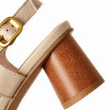 Sandale à Talon Rond en Cuir Véritable