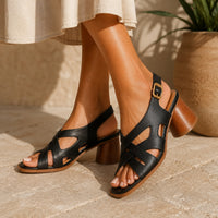 Sandale à Talon Rond en Cuir Véritable