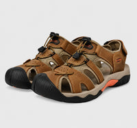 Sandales En Cuir Homme Avec Protection Avant Renforcée avec embout de protection renforcé, fermeture à lacet élastique, cuir respirant, semelle antidérapante et design robuste pour la randonnée et les activités de plein air.
